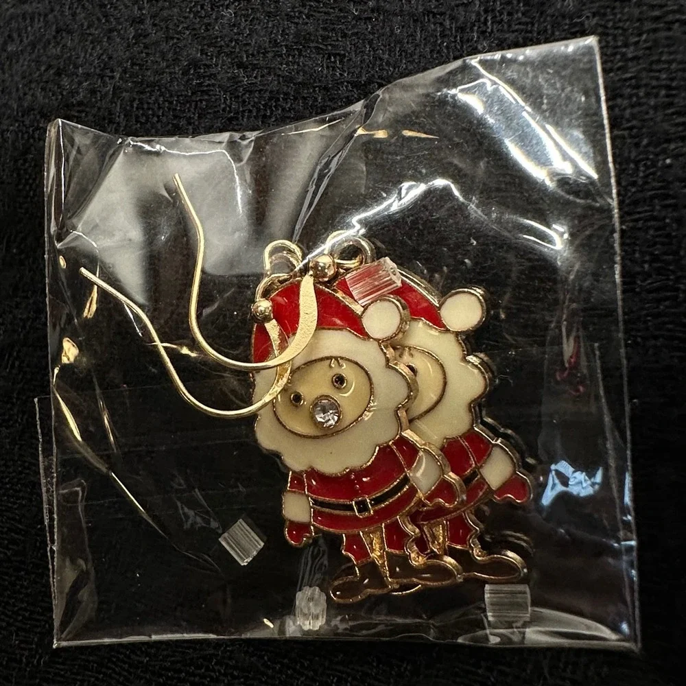 Christmas Santa Claus Dangle Earrings Rhinestone Nose‎ Red Enamel Holiday Cute!